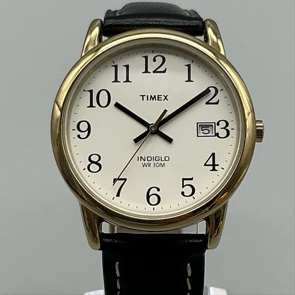 Timex Indiglo Mens Watch 35mm White Dial Gold Tone Leather Date New Battery